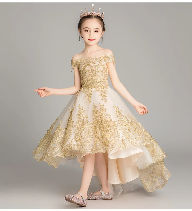 Golden Sequin Lace Girl Princess Party Dress Off Shoulder Birthday Wedding Clothes Girl Pageant Prom Dresses Flower Girl Dress