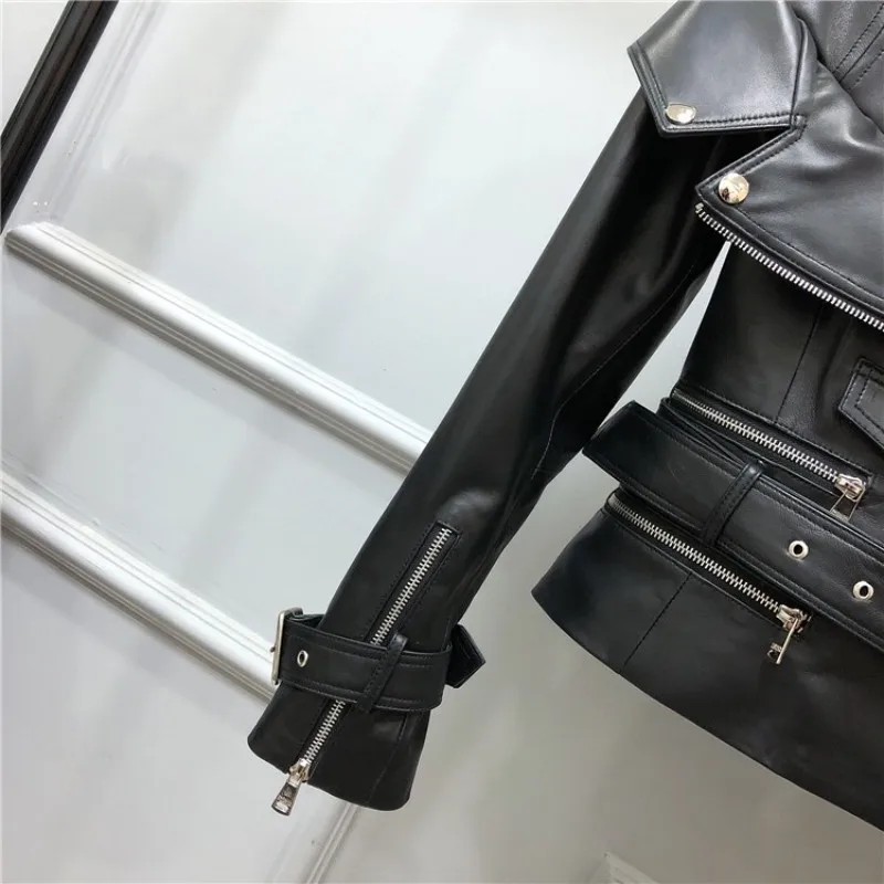 Designer Motorcycle Biker Jacket Female Slim Sashes Sheepskin Real Leather Short Coat Streetwear Punk Black Zipper Outerwear