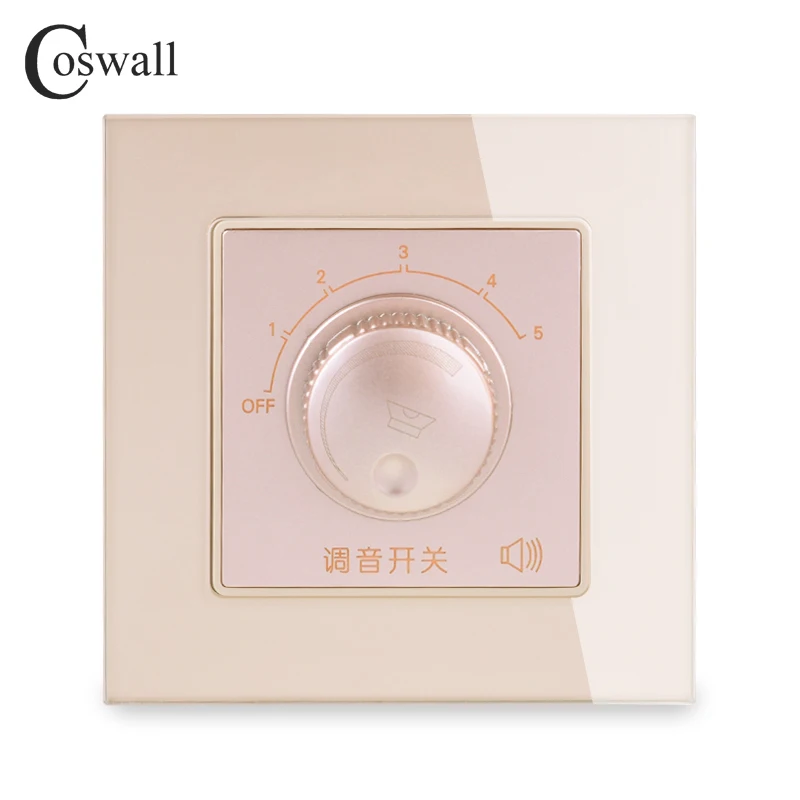 COSWALL 5 Gears Volume Adjustment Wall Tuning Switch With Fire Control Crystal Glass Panel C1 Series Black White Gold