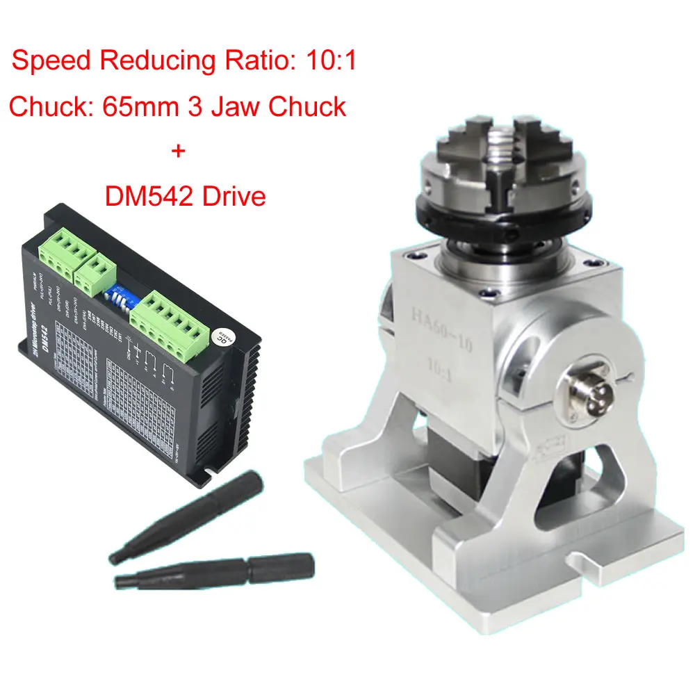 CNC Planetary Gear NEMA 23 4th Rotary Axis 65mm 3 Jaw Chuck A Axis Speed Reducing Ratio 10:1 for Laser Marking Engraving Machine