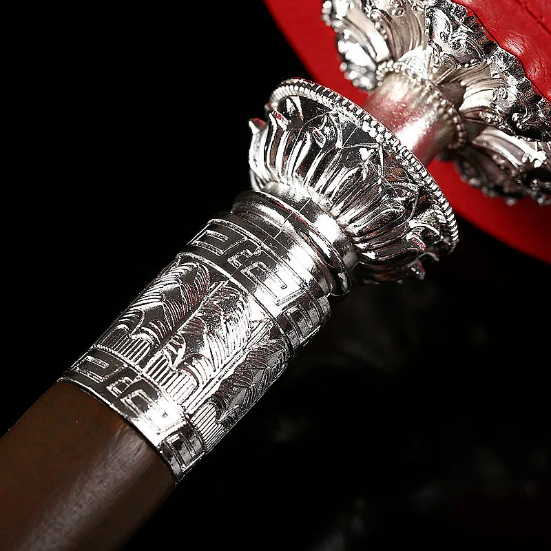 Gold/Silver Red Leather Alloy Copper Lotus Base Decorate Six Words Mantra Hand Cranking Auspicious Prayer Wheel