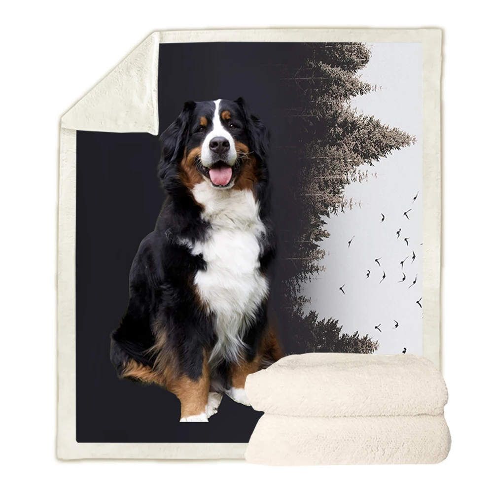 HXNewfoundland Blankets 3D Graphic A Girl and Her Bernese Double Layer Blanket Splicing Animals Print Plush Quilt