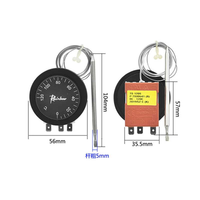 Korea Rainbow 3 Pins Mechanical Thermostat Temperature Switch Adjustable Controller TS-120S R 0-120°C Celsius