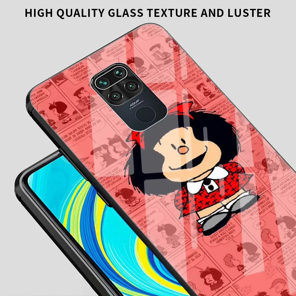 Phone Case For Xiaomi Redmi Note 9S 9 10 8 Pro 8T 7 8A 9A 9C K40 Glass Cover For Xiaomi Poco X3 NFC Shell Mafalda Cute Cartoon