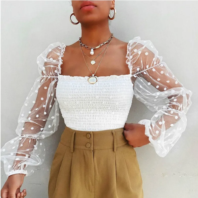 Sexy Frauen Runzlig Backless Bluse Hemd Mesh Sheer Puff Sleeve Wrap Brust Tops 2020 Frühling Sommer Damen Dots Bluse