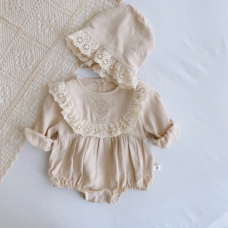 Lace Princess Toddler Romper 2020 Autumn Retro Newborn Baby Girl Clothes Cotton Spring Pure Color Infant Outfits 2pcs With Hats