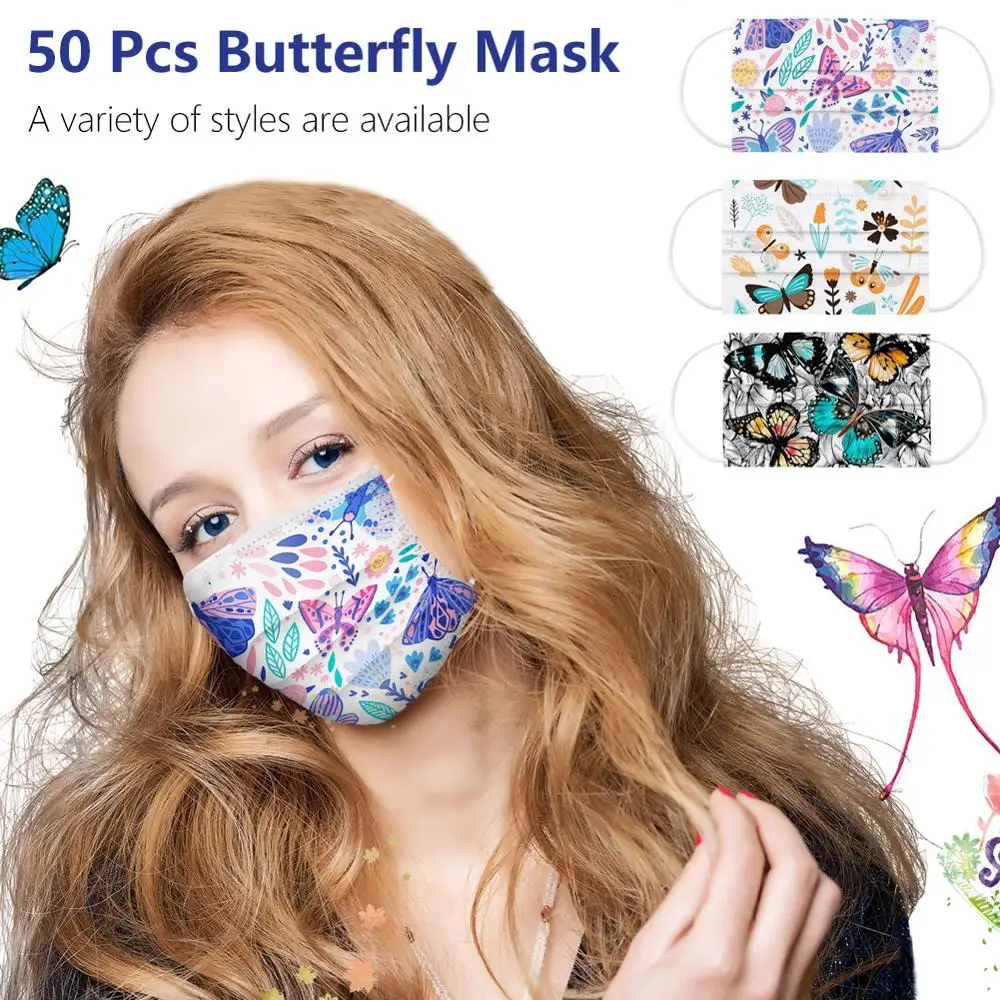 

50Pcs Fashion Butterfly Print Mask Adults Chirldren Disposable Masks 3 Layer Protect Anti Dust Meltblown Earloop Mouth Face Mask