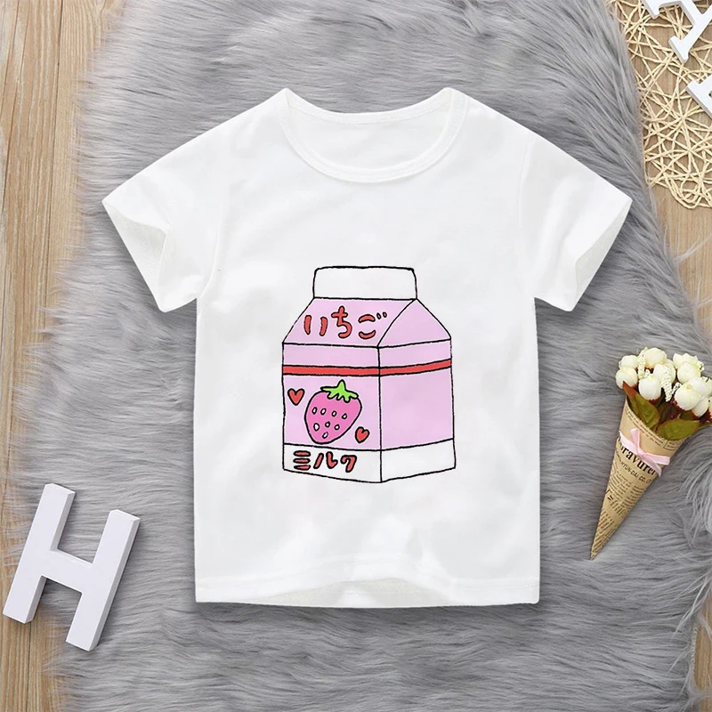 

Harajuku Cartoon Girls Tops Printing Drinks Milk Kawaii Kids Tshirt Fashion Boys T Shirts Round Neck Children's Clothes Baby Tee