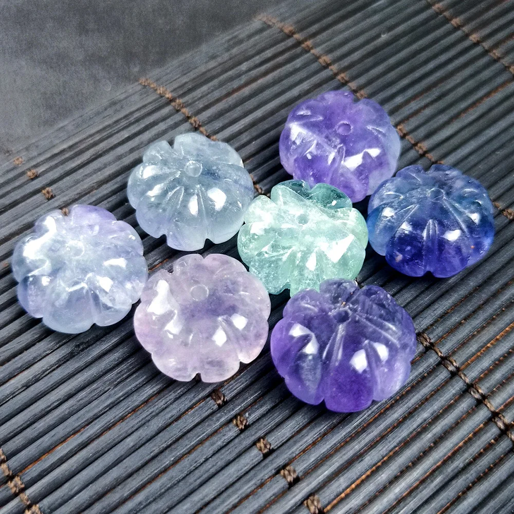 2Pcs 14mm Fluorite Natural Semi-precious Pumpkin Shape Beads Colored Carving  Melon Beads Lantern DIY For Earrings Necklace