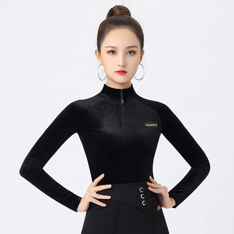 

High-End Velvet Ballroom Dance Tops Women's Fall/Winter Practice Clothes Long-Sleeved Modern High-Necked Latin Dance Clothes