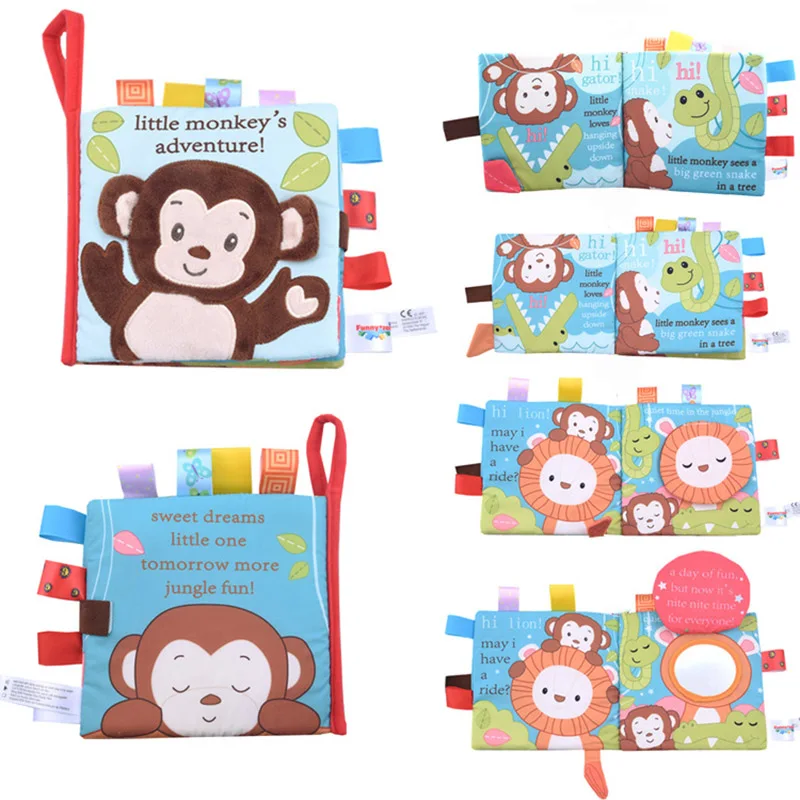 Livros de pano para bebê Estilo animal Macaco, coruja, cachorro, recém-nascido aprendendo, livro educacional de tecido, infantil sensorial, brinquedo chocalhos