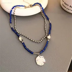 South Korea irregular round brand double layer necklace design splicing clavicle chain personality sweater sweater accessories