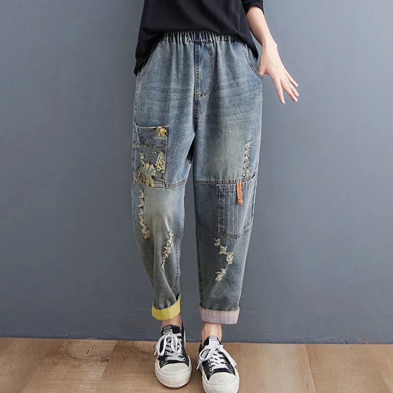 Women Ankle-length Casual Boyfriend Jeans New 2021 Autumn Street Style Vintage Print Loose Female High Waist Denim Pants B847