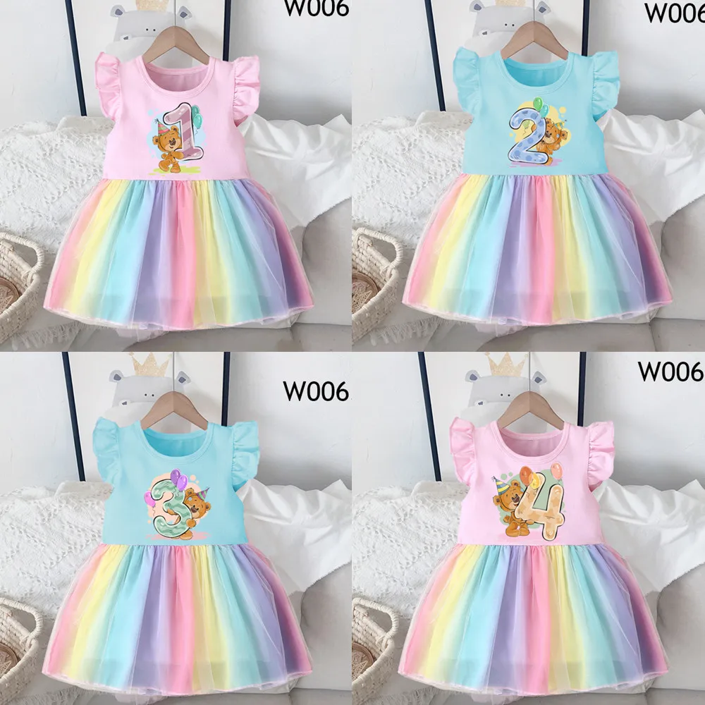 Birthday Princess Dress Summer Girls Rainbow Colorful Birthday Wedding Dresses 1-4 Years Sweet Kids Party Children Clothes