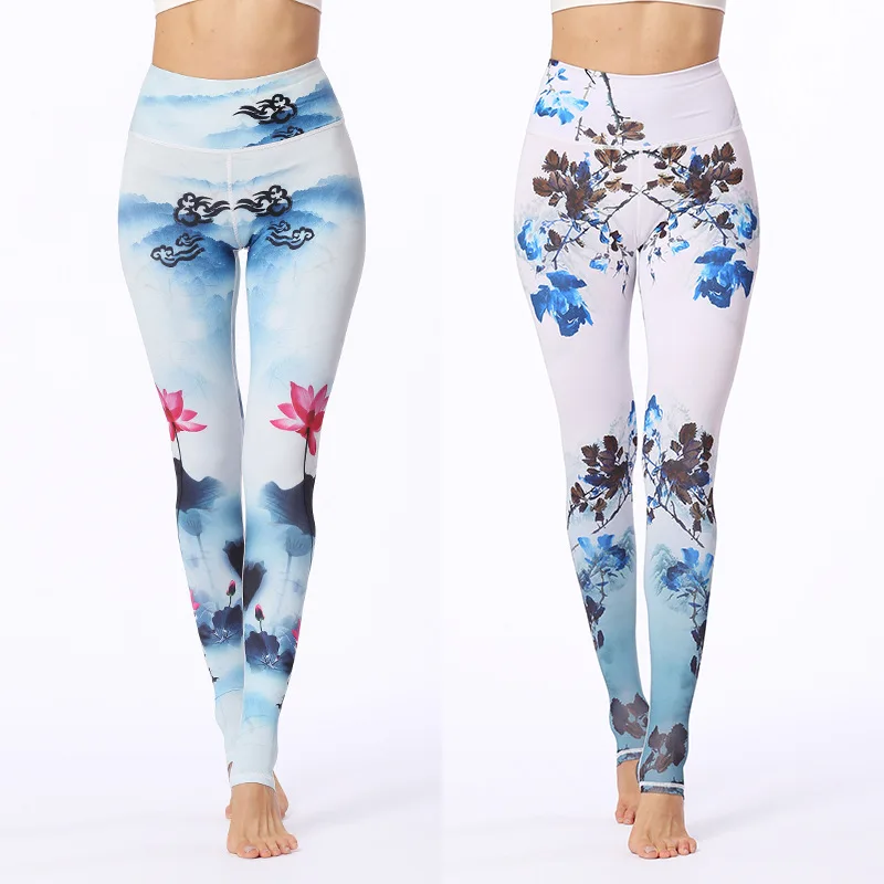Women's Stretch Print Yoga Pants, High Waist Fitness Leggings, Sports Leggings with Pockets, Running Wear, Slim Pants