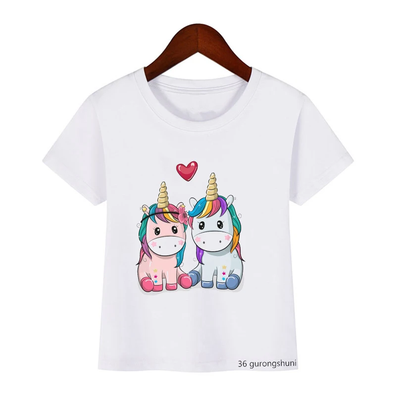 Camiseta con estampado de dibujos animados de unicornio para niñas, ropa de verano para niños pequeños, camiseta informal para niños, camisetas de hip-hop