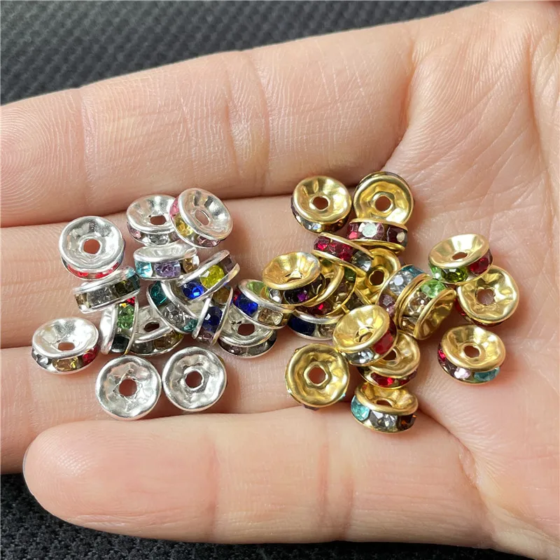 100pcs Rondelle Metal 8mm 10mm Colorful AB Color Crystal Glass Rhinestones Loose Spacer Beads for Jewelry Making DIY Crafts