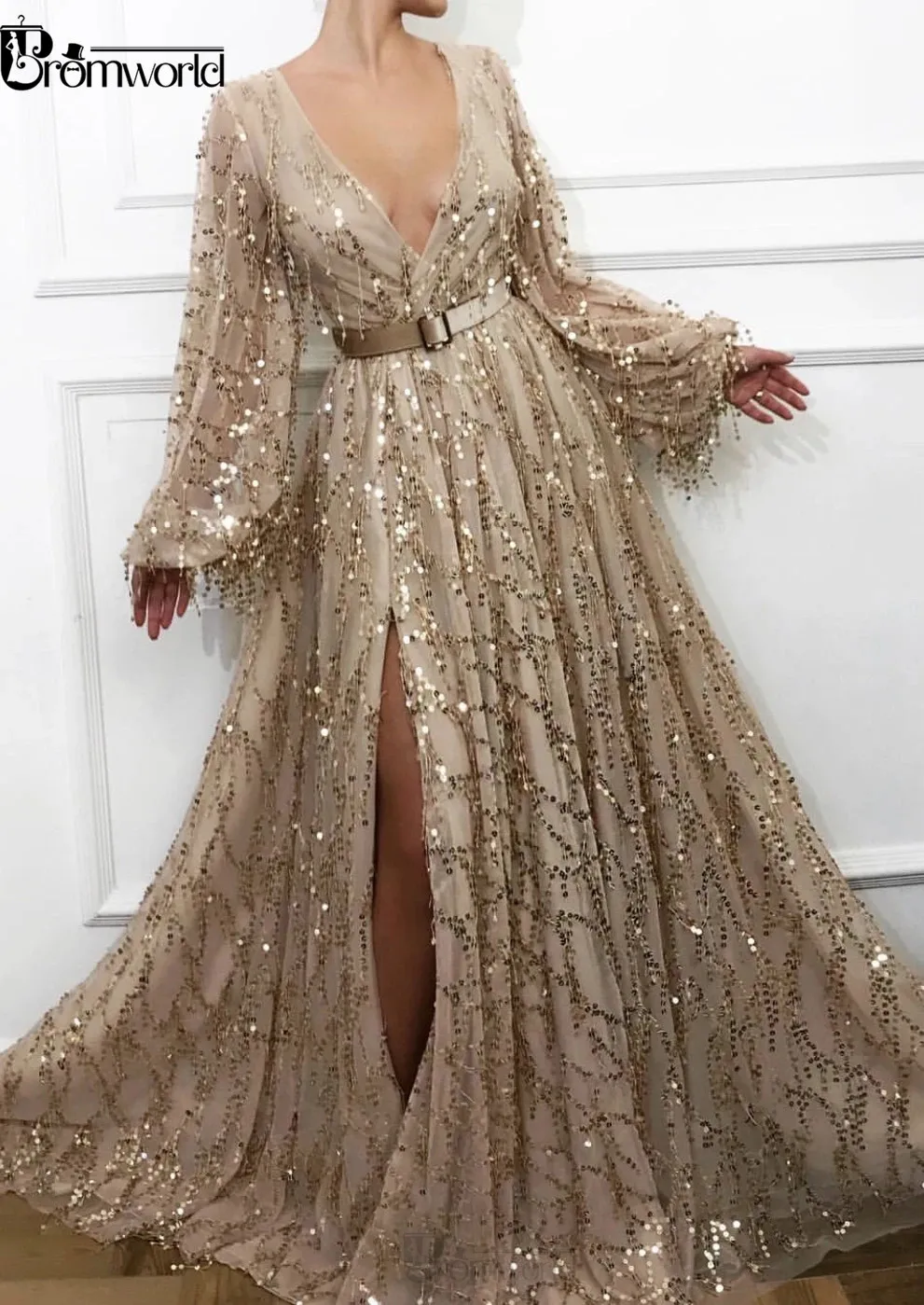 Vestidos Sexy de Fenda Dourada, Lantejoulas, Dubai, Arábia Saudita, Vestidos de Baile, Mangas Compridas, Vestido de Festa Formal, Última Moda, 2022