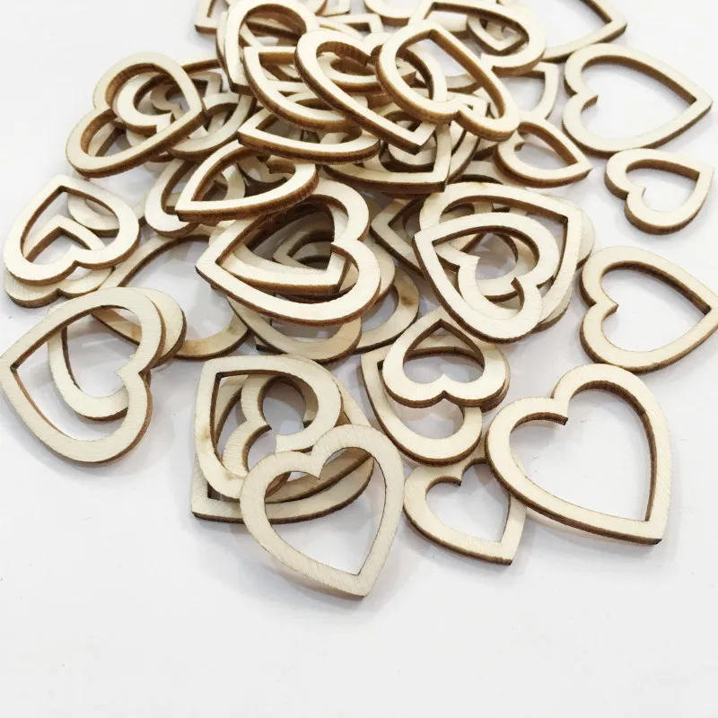 100pcs 10mm Hollow Heart Shaped Wood Pieces Wooden Ornament Wood Cutouts Slices for House, Garden, Home DIY Art Craft