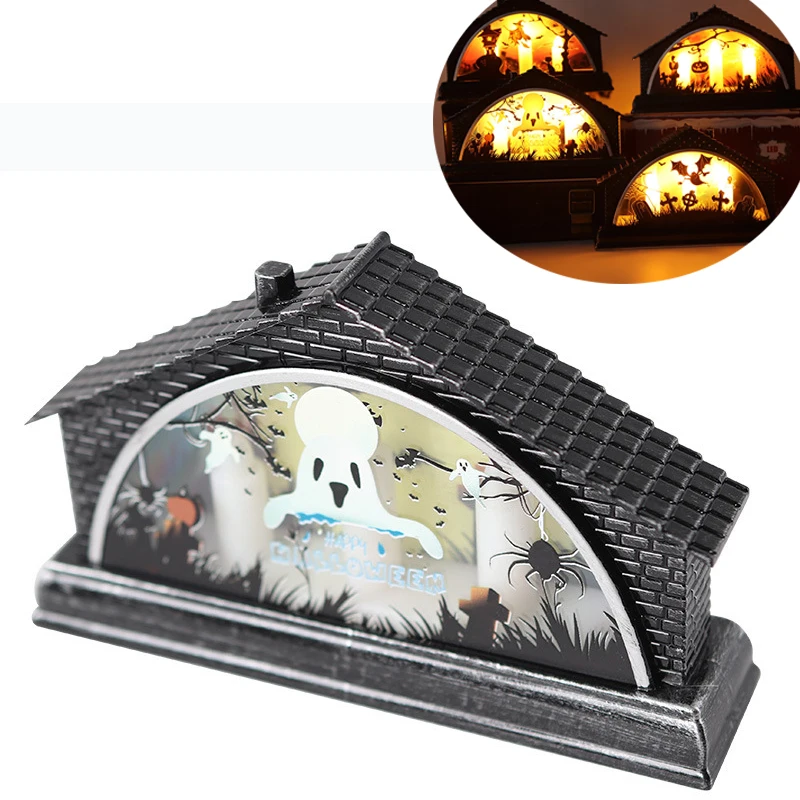 

LED Haunted House Halloween Party Decoration Pumpkin Skull Witch Castle House Props Kids Children Toys Fairy Garden Figurines