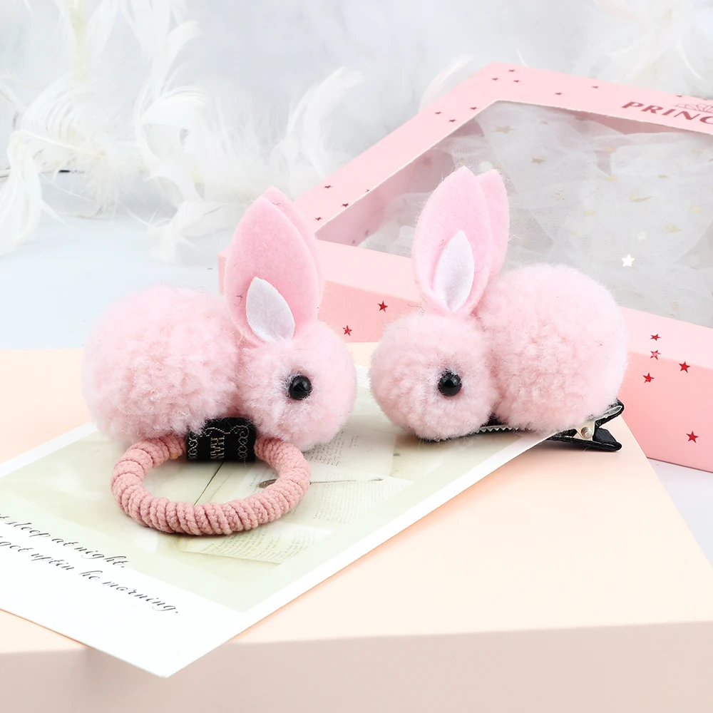 Children Plush Rabbit Hair Clip Accessories Lovely Soft Hairball Bunny Elastic Hair Band Headwear Ornaments Gifts For Girls Baby