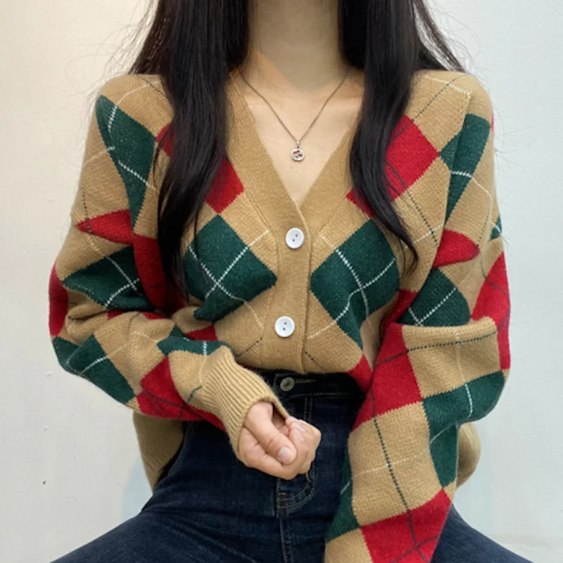 Cardigan Women 2021 Autumn and Winter V Neck Knitted Sweater Plaid Splicing Thicken Loose Sweater Cardigan Jacket Femme