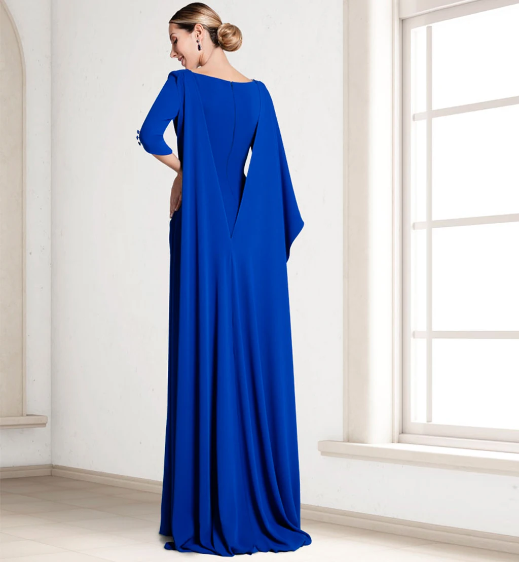 V-Neck Half Sleeve Prom Dresses Royal Blue Elastic Satin Sheath Floor Length Evening Gowns Dress Formal