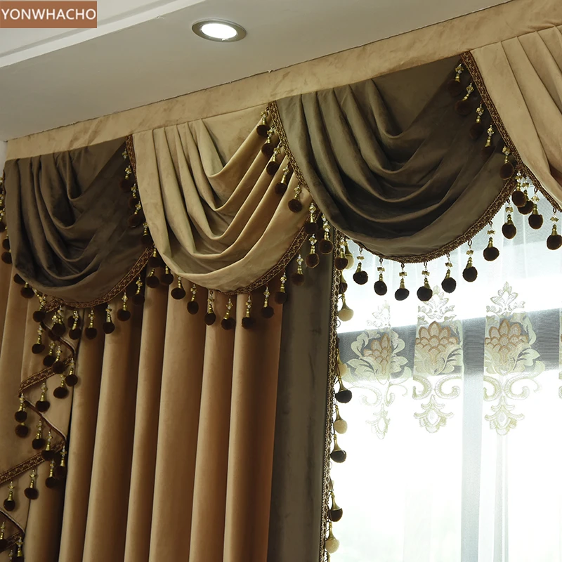 Custom curtain high-end luxury thick Italian velvet bedroom solid light tan cloth blackout curtain tulle valance drapes B623