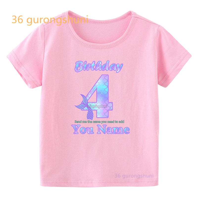 Tshirt Girl 3 4 5 6 8 year Mermaid Cartoon T Shirt Happy Birthday Girls Tops Kids Clothes Shirts children Clothing Pink T-shirts