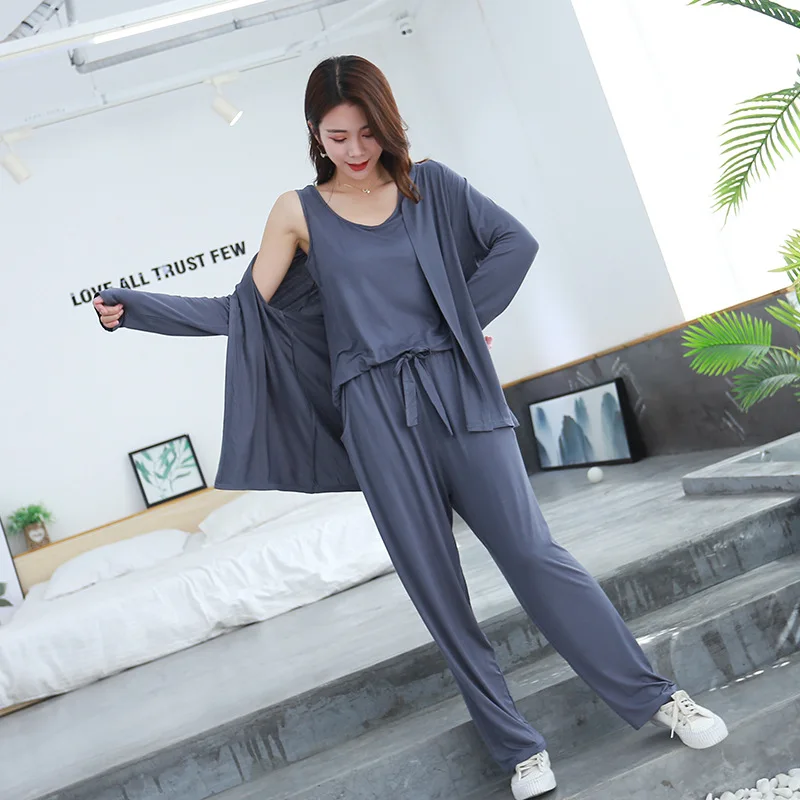 3 Pieces Pajamas Set Long Sleeve Modal Casual Loose Spring Autumn Sleepwear Soft Home Wear Women