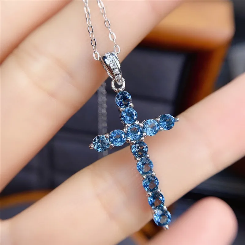 London Blue Topaz Pendant 3MM 12 Pieces Natural Gemstones Fine Jewelry Anniversary Gift Cross Necklace Real 925 Silver Silver