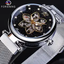 Forsining-relojes mecánicos a la moda para mujer, accesorio de marca superior de lujo con diseño informal de diamantes, malla plateada, automático, resistente al agua