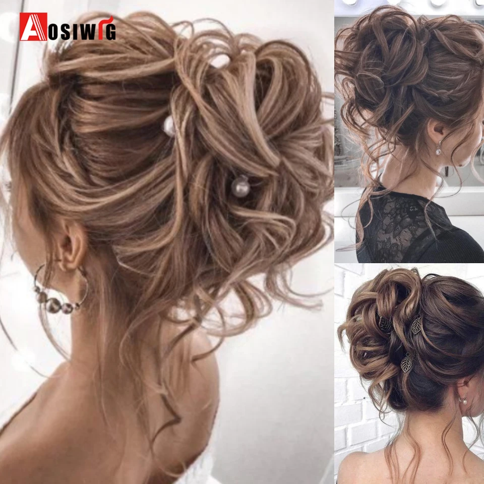 AOSIWIG Messy Curly Chignon do kokardki do włosów syntetyczne elastyczne Scrunchy naturalne włosy kok włosy Clip In Tail Extension sztuczne włosy