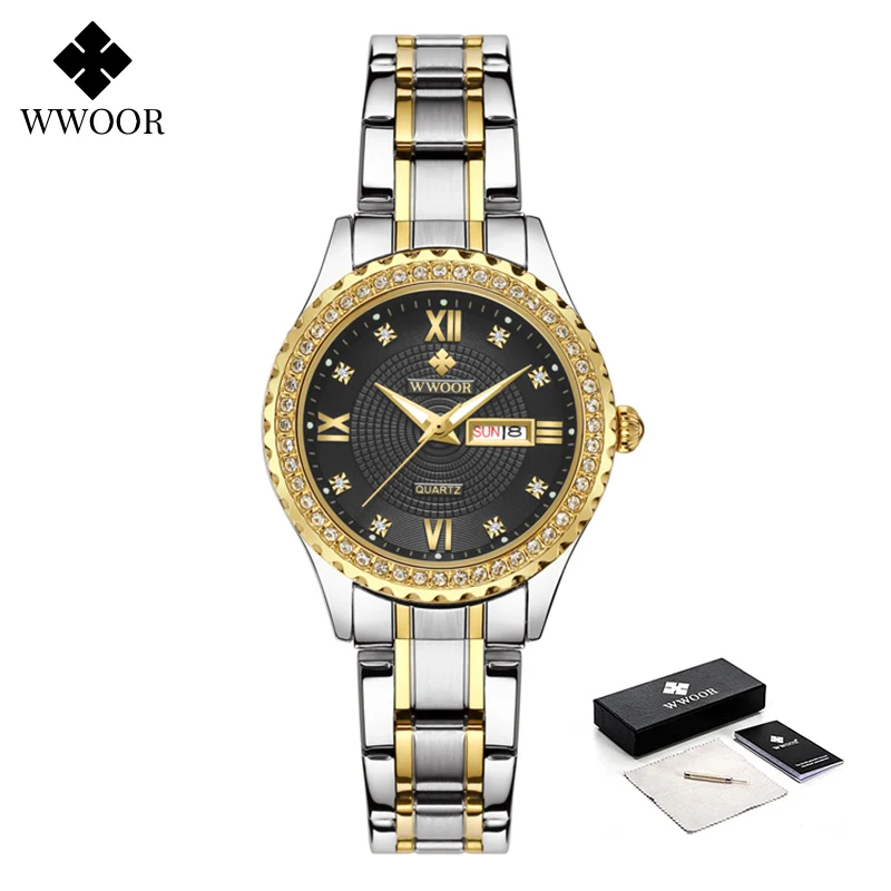 WWOOR Women Watches Brand Luxury Diamond Dress Quartz Ladies Wrist Watch Stainless Steel Watches Bracelets For Female Gift Clock