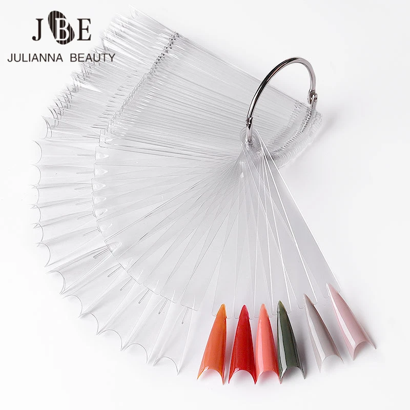 

50Pcs/lot False Nail Tips Fake Nail Art Fan Shaped Palette Card Display Acrylic Practice Color Chart For Nail Polish With Ring