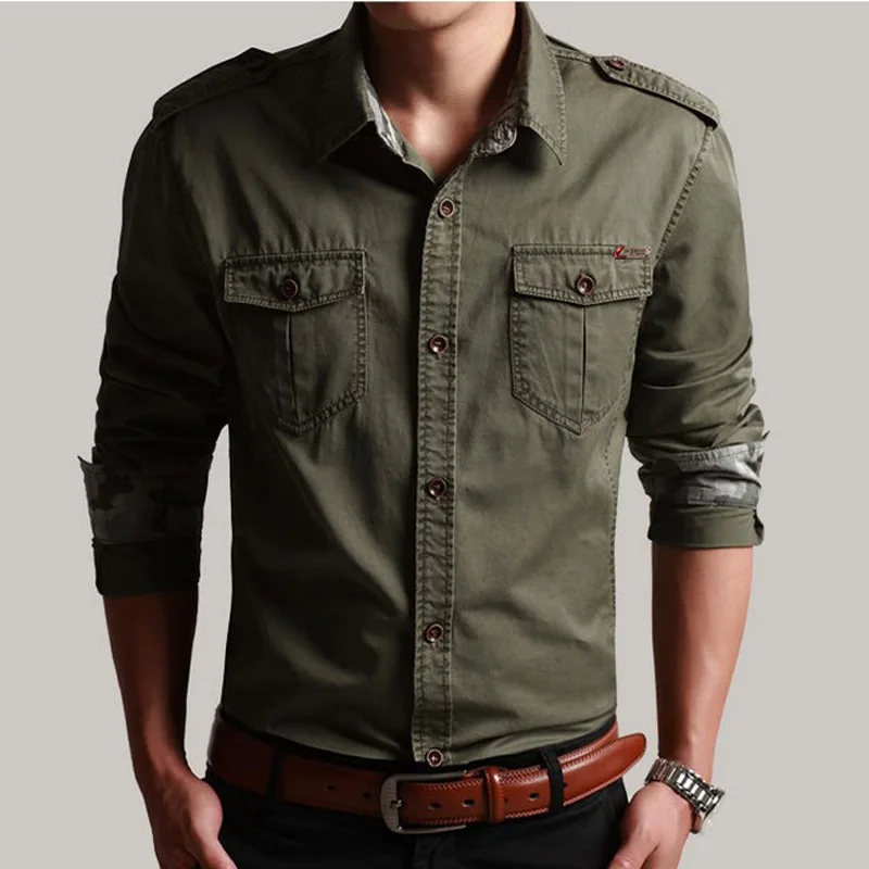 Spring Autumn Men\'s Slim Long Sleeve Cotton Cargo Shirt Outdoor Training Hiking Climbing Sports Shirts Tops