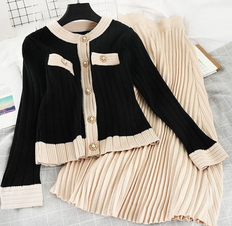 Spring 2 Piece Set New Fashion Elegant Ladies Knitted Color Matching Pearl Button Sweater Cardigan + Pleated Midi Skirt Suit