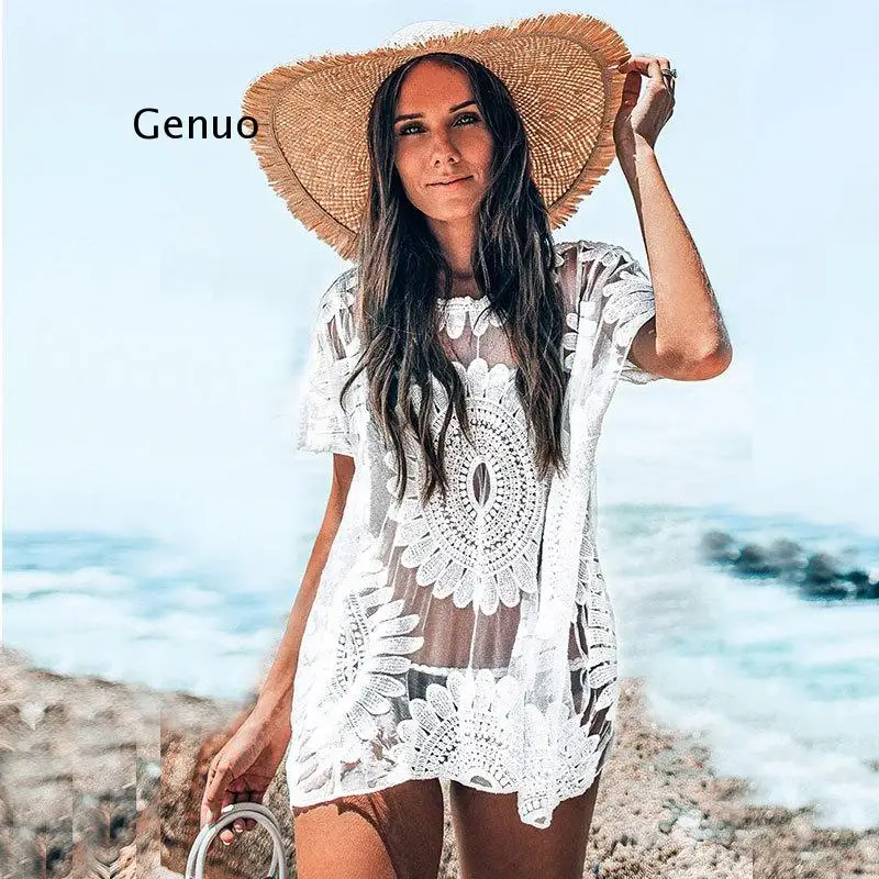 White Crochet Bikini Cover Up with Fringe Trim Women Sexy Hollow Tunic Beach Dress 2021 Summer Bathing Suit Beachwear