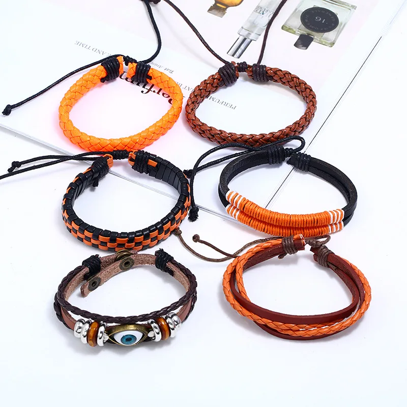 Classic Dropshipping Devil\'s Eye Orange Leather Strap Vintage Bracelet for Men Women Gift DIY Handmade Briaded Punk Bracelet Set