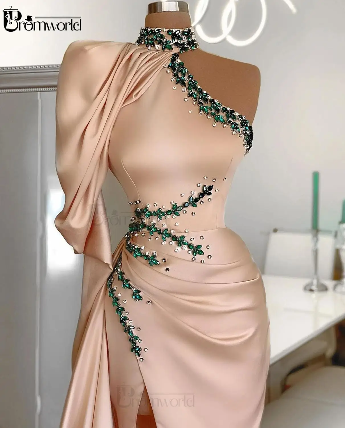 Champagne Mermaid Evening Dresses, Gola alta, Um ombro, fenda alta, Cristal, Dubai, Arábia Saudita, Árabe, Vestidos de baile formais, Longo, Novo, 2022