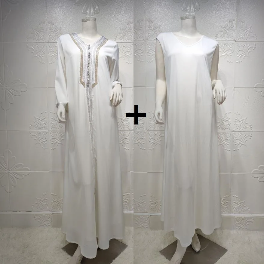 

Newest Two Pieces White Muslim dress Djellaba Muslim Robe Sets abaya syari female Evening Gown abaya Worship Service abayas WY21