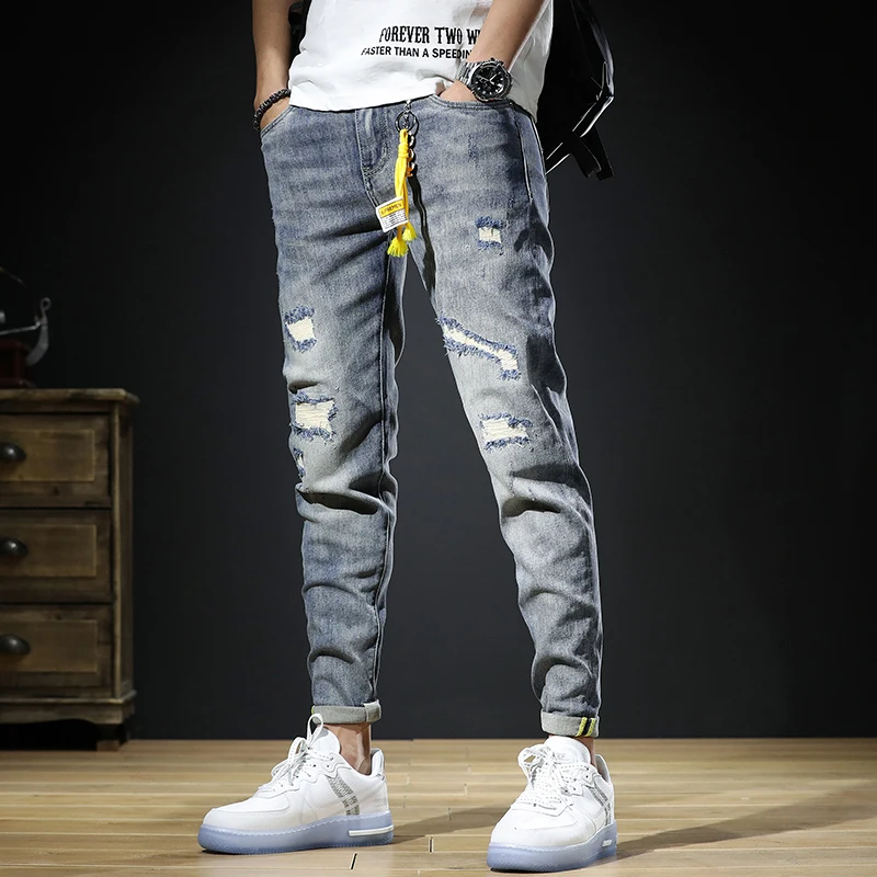 Ripped Jeans Men Summer Thin Light Blue Stretch Mens Jeans Slim Fit Pencil Pants