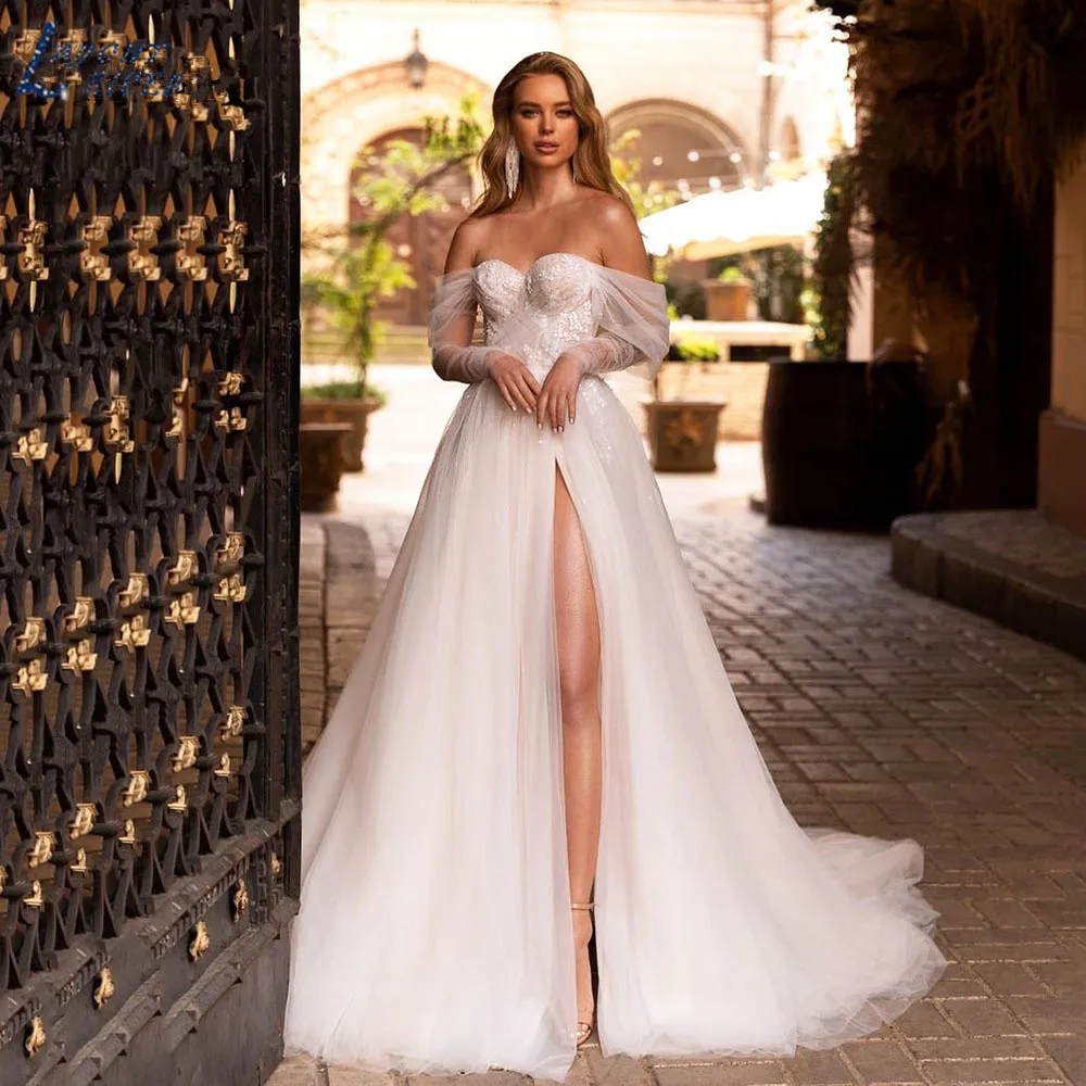 

Lace Appliques Sweetheart Neck Wedding Dress 2022 Princess Off Shoulder Beach Party Bridal Gown Applique Split Vestido De Noiva