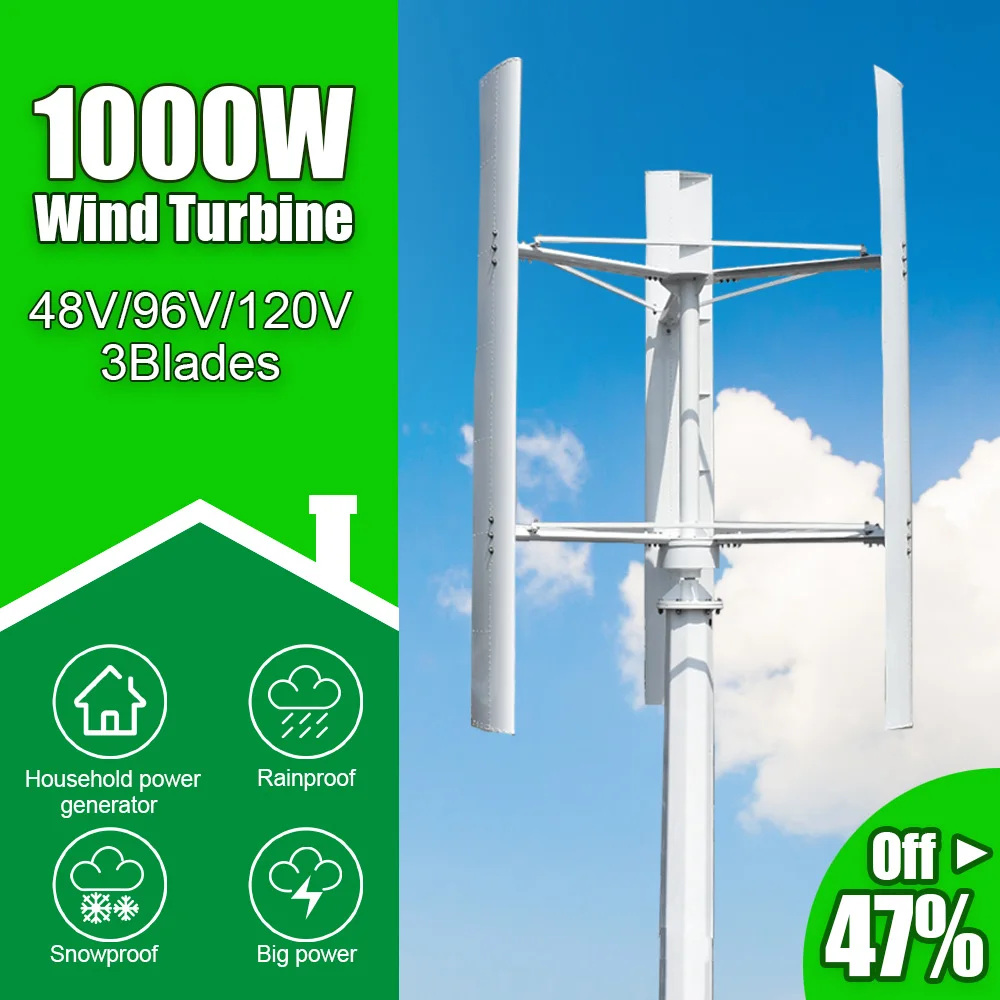 

Vertical Axis 1000W 48V/96V/120V Wind Turbine Windmill Generator 3 Phases 50HZ 3 Blades No Noise For Home Farm Street Use