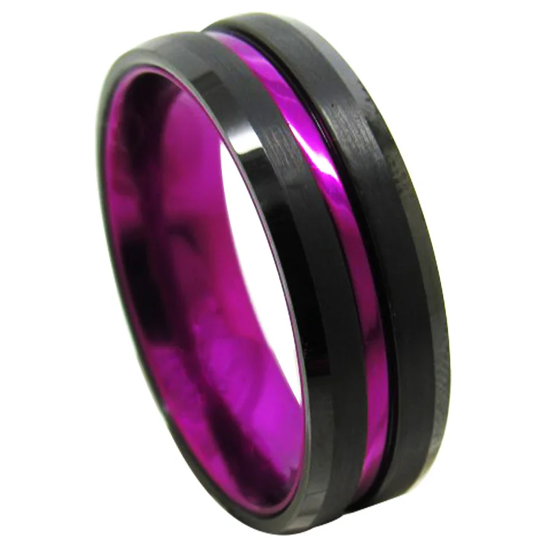 

New Design 6/8mm Width Mens Purple Plated Black Tungsten Carbide Wedding Rings Grooved Center Matte Finished Size 6-12