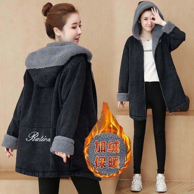 2023 Winter New Women Lamb Cashmere Thick Denim Jacket Loose Hooded Warm Coat Casual Korean Jean Outerwear 5XL H194