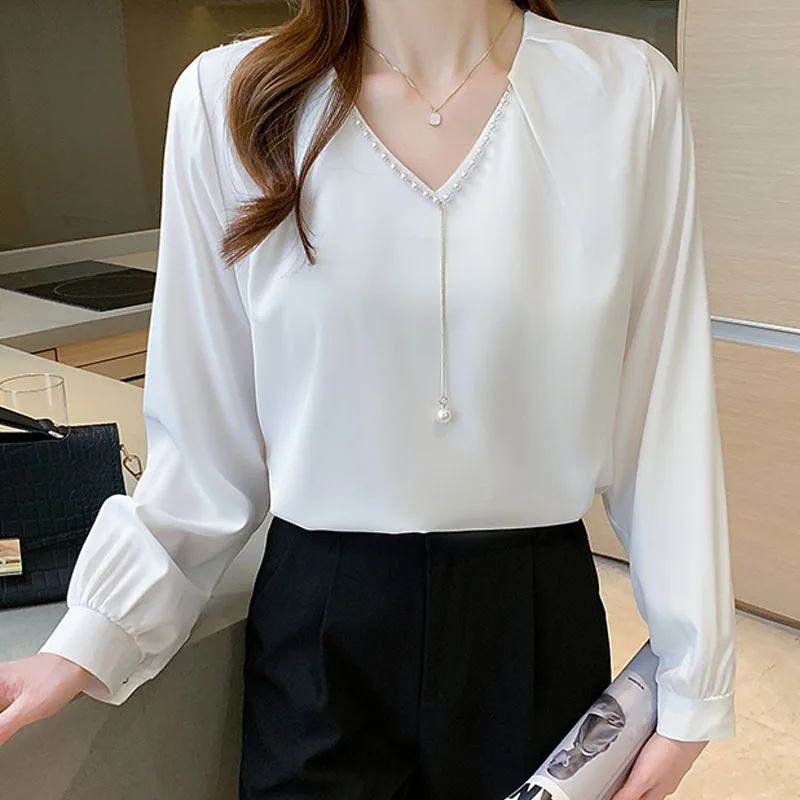 Witte Lange Mouwen Chiffon Overhemd Vrouwen Herfst 2021 Koreaanse Kleding Solid Black Blouse Blusa Mujer Tops Kralen Plus Size 2009