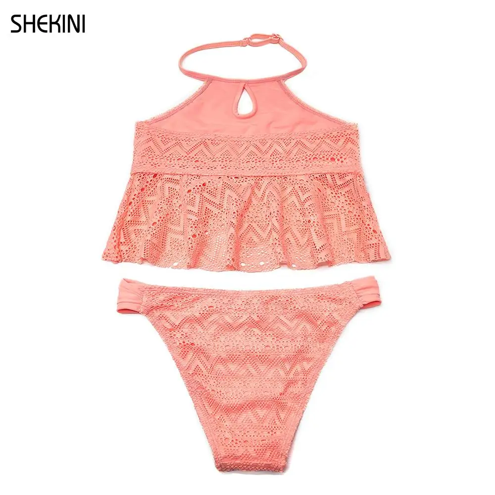 SHEKINI Girls Halter keyhole Bathing Suit Ruffles Flounce Crochet Mesh Fabric Two Piece Swimsuit For Girls Beachwear Teen Bikini