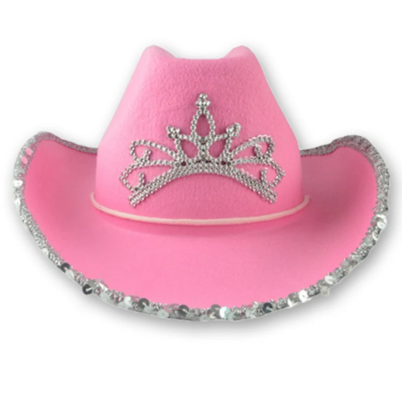 Western Cowboy Caps Crown Cowgirl Hat for Women Girl Pink Tiara Cowgirl Hat Holiday Costume Party Hat Feather Edge Fedora Cap