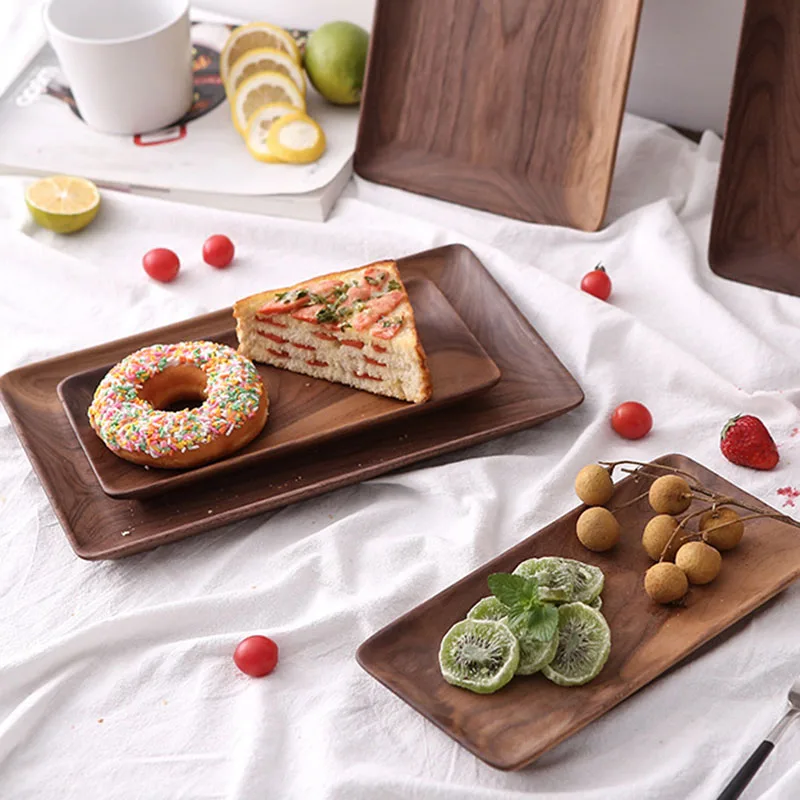 Amgoth Walnut Wood Serving Tray Square Rectangle Tea Coffee Snacks Tray Breakfast Sushi Dessert Cake Plate Hotel Home